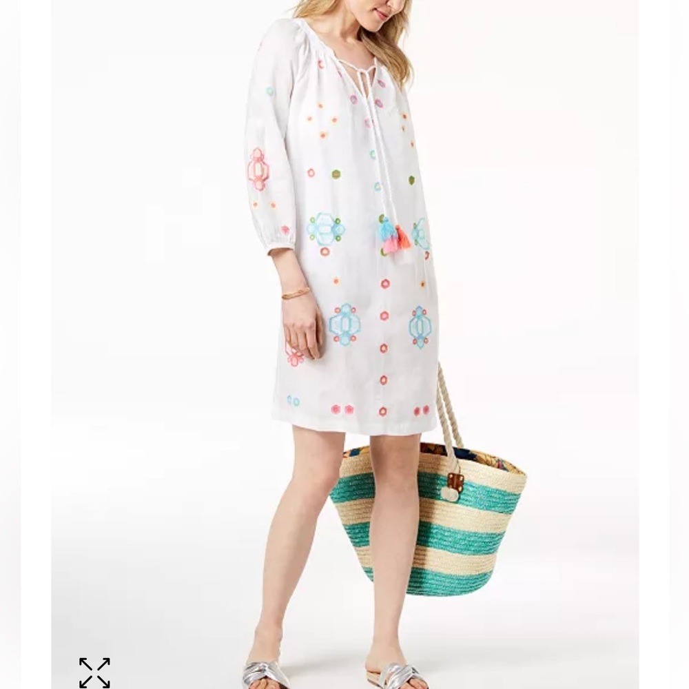Charter Club White Linen Embroidered Peasant Dress. M